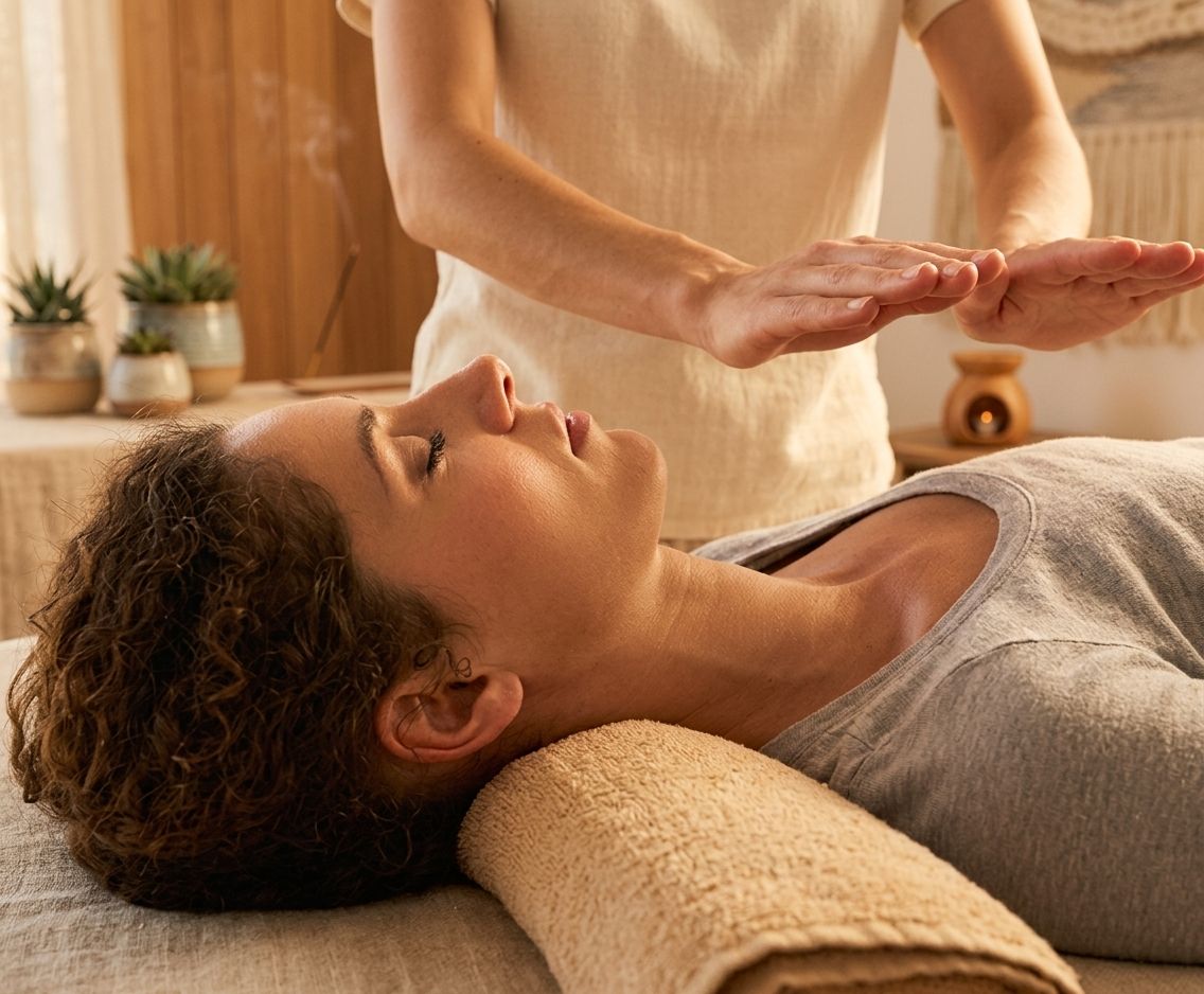 Séance de Reiki : des mains posées au-dessus d'une personne allongée, les yeux fermés