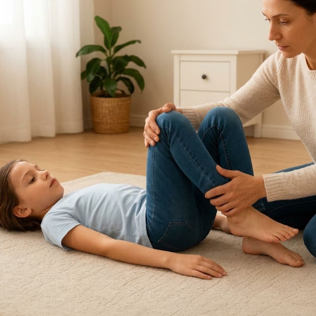 Praticienne accompagnant une enfant allongée dans un mouvement doux des jambes