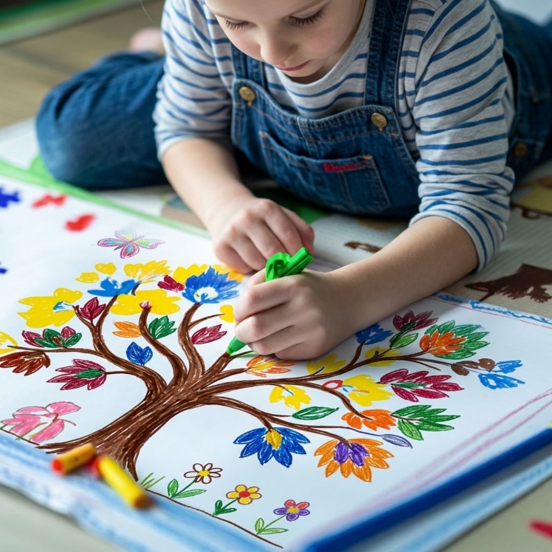 Enfant dessinant un arbre fleuri aux feutres de couleur