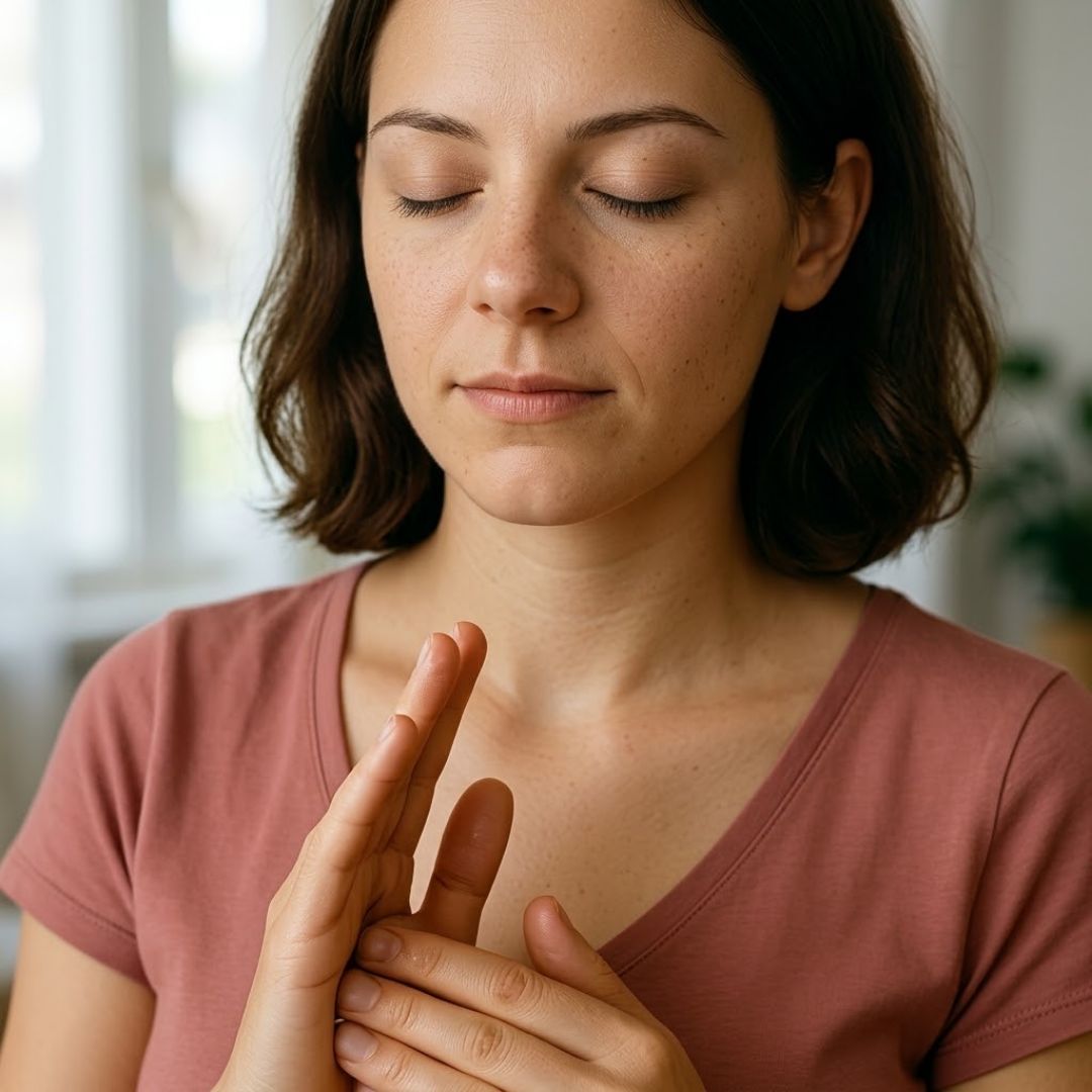 Femme les yeux fermés, tapotant doucement le tranchant de sa main